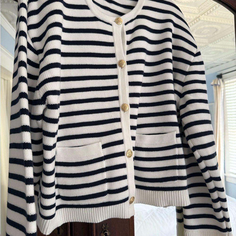 J. Crew Navy and White Striped Cardigan, size XL 100% cotton